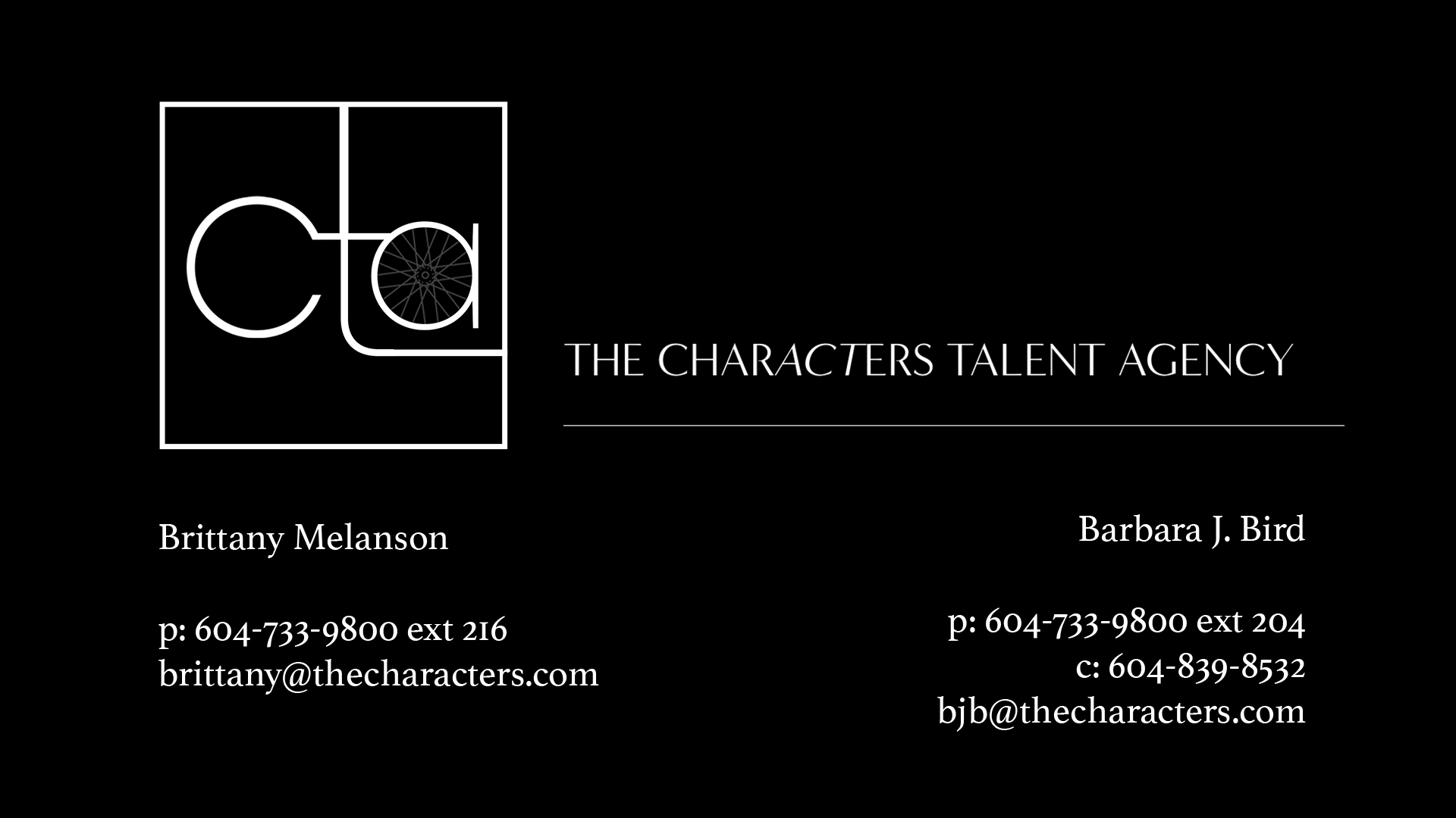 Characters Talent Agency card